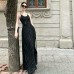 French Vintage Style V-Neck Ink Striped Loose Strapless Dress Women Summer Waist-Cinching Slimming Long Dress