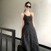 French Vintage Style V-Neck Ink Striped Loose Strapless Dress Women Summer Waist-Cinching Slimming Long Dress