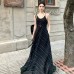 French Vintage Style V-Neck Ink Striped Loose Strapless Dress Women Summer Waist-Cinching Slimming Long Dress