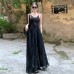 French Vintage Style V-Neck Ink Striped Loose Strapless Dress Women Summer Waist-Cinching Slimming Long Dress
