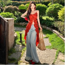 Summer Love Poem French Vacation Style V-Neck Red Three-Dimensional Rose Print Strapless Top Summer Love Poem French Vacation Style V-Neck Red Three-Dimensional Rose Print Strapless Top