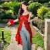 Summer Love Poem French Vacation Style V-Neck Red Three-Dimensional Rose Print Strapless Top