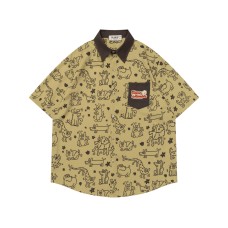 Color Block Cute Dog Full Print Short Sleeve Shirt Unisex Loose Casual Versatile Couple Shirt Jacket