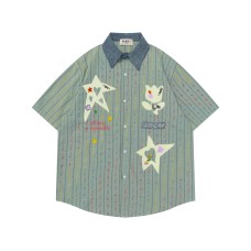 Color Block Fun Embroidery Stripe Short Sleeve Shirt Unisex Summer Loose Couple Casual Versatile Blouse