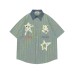 Color Block Fun Embroidery Stripe Short Sleeve Shirt Unisex Summer Loose Couple Casual Versatile Blouse