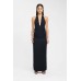 Deep V-Neck Tied Back Slit Solid Color Fitted Long Dress