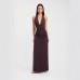 Deep V-Neck Tied Back Slit Solid Color Fitted Long Dress