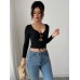 Black Large V-neck Chest Hollow Sexy Solid Color Long-sleeved Women's T-shirt