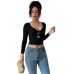Black Large V-neck Chest Hollow Sexy Solid Color Long-sleeved Women's T-shirt