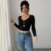 Black Large V-neck Chest Hollow Sexy Solid Color Long-sleeved Women's T-shirt