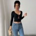 Black Large V-neck Chest Hollow Sexy Solid Color Long-sleeved Women's T-shirt