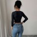 Black Large V-neck Chest Hollow Sexy Solid Color Long-sleeved Women's T-shirt