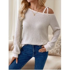 Hollow Knit Patchwork Short-Sleeved Off-Shoulder Casual Top for Women