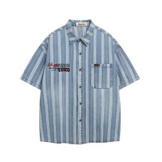 Retro Washed Letter Embroidered Striped Denim Short Sleeve Shirt Unisex Loose Couple Casual Shirt