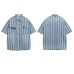 Retro Washed Letter Embroidered Striped Denim Short Sleeve Shirt Unisex Loose Couple Casual Shirt