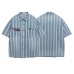 Retro Washed Letter Embroidered Striped Denim Short Sleeve Shirt Unisex Loose Couple Casual Shirt