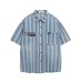 Retro Washed Letter Embroidered Striped Denim Short Sleeve Shirt Unisex Loose Couple Casual Shirt