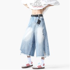 Light blue washed ripped denim seven inch loose pants Light blue washed ripped denim seven inch loose pants