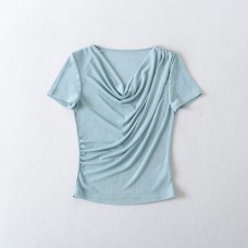 Irregular pleated collar short sleeved top
