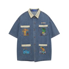 Retro Fun Cartoon Embroidery Splicing Short Sleeve Denim Shirt Men's Loose Casual Couple Shirt