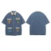 Retro Fun Cartoon Embroidery Splicing Short Sleeve Denim Shirt Men's Loose Casual Couple Shirt