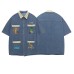 Retro Fun Cartoon Embroidery Splicing Short Sleeve Denim Shirt Men's Loose Casual Couple Shirt