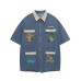 Retro Fun Cartoon Embroidery Splicing Short Sleeve Denim Shirt Men's Loose Casual Couple Shirt