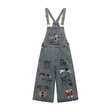 Retro Graffiti Cartoon Embroidery Denim Overalls Unisex Loose Fit Straight Leg Wide Leg Three-Quarter Pants