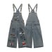 Retro Graffiti Cartoon Embroidery Denim Overalls Unisex Loose Fit Straight Leg Wide Leg Three-Quarter Pants