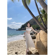 French Floral Strapless Top White A-line Skirt Resort Wear Beach Dress French Floral Strapless Top White A-line Skirt Resort Wear Beach Dress