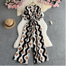 Summer Women's  Style Retro Fashion V-Neck Short Sleeve Cardigan Drawstring Waist Printed Jumpsuit Loose Casual Pants