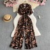 Summer Women's  Style Retro Fashion V-Neck Short Sleeve Cardigan Drawstring Waist Printed Jumpsuit Loose Casual Pants