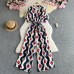 Summer Women's  Style Retro Fashion V-Neck Short Sleeve Cardigan Drawstring Waist Printed Jumpsuit Loose Casual Pants