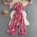 Summer Women's  Style Retro Fashion V-Neck Short Sleeve Cardigan Drawstring Waist Printed Jumpsuit Loose Casual Pants