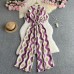 Summer Women's  Style Retro Fashion V-Neck Short Sleeve Cardigan Drawstring Waist Printed Jumpsuit Loose Casual Pants