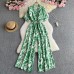 Summer Women's  Style Retro Fashion V-Neck Short Sleeve Cardigan Drawstring Waist Printed Jumpsuit Loose Casual Pants