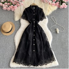 Summer French Vintage Elegant Heavy Lace Embroidery Notched Collar Single Breasted Waist-Cinching Slimming Charming Dress Summer French Vintage Elegant Heavy Lace Embroidery Notched Collar Single Breasted Waist-Cinching Slimming Charming Dress