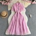 Summer French Vintage Elegant Heavy Lace Embroidery Notched Collar Single Breasted Waist-Cinching Slimming Charming Dress