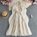 Summer French Vintage Elegant Heavy Lace Embroidery Notched Collar Single Breasted Waist-Cinching Slimming Charming Dress