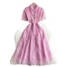 Summer French Vintage Elegant Heavy Lace Embroidery Notched Collar Single Breasted Waist-Cinching Slimming Charming Dress