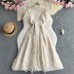 Summer French Vintage Elegant Heavy Lace Embroidery Notched Collar Single Breasted Waist-Cinching Slimming Charming Dress