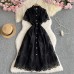 Summer French Vintage Elegant Heavy Lace Embroidery Notched Collar Single Breasted Waist-Cinching Slimming Charming Dress