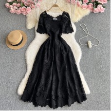 High-end Fashion Short Sleeve Dress Women French Heavy Work Hollow Crochet Lace Waistband Elegant Long Dress High-end Fashion Short Sleeve Dress Women French Heavy Work Hollow Crochet Lace Waistband Elegant Long Dress