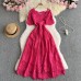 High-end Fashion Short Sleeve Dress Women French Heavy Work Hollow Crochet Lace Waistband Elegant Long Dress
