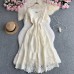 High-end Fashion Short Sleeve Dress Women French Heavy Work Hollow Crochet Lace Waistband Elegant Long Dress