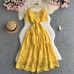 High-end Fashion Short Sleeve Dress Women French Heavy Work Hollow Crochet Lace Waistband Elegant Long Dress