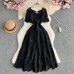 High-end Fashion Short Sleeve Dress Women French Heavy Work Hollow Crochet Lace Waistband Elegant Long Dress