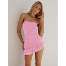 Elegant Solid Color Sleeveless Backless Fitted Irregular Lace Halter Dress Elegant Solid Color Sleeveless Backless Fitted Irregular Lace Halter Dress