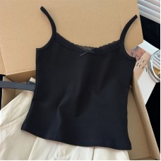 Cotton Real Photo Small Strap Tank Top Women Summer Slim Korean Short Length Lace Edge T-Shirt Top