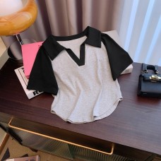 Real Shot Color Block Short Sleeve T-Shirt Women Summer New Short Fitted Half Sleeve Hong Kong Style Top